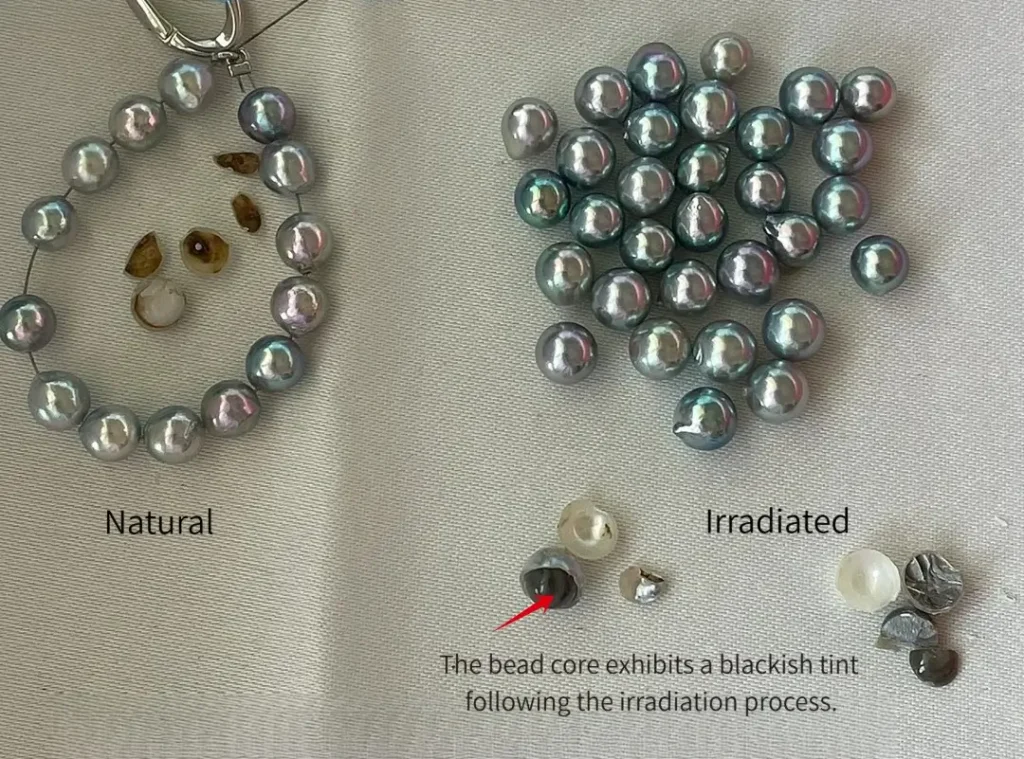 Comparison of natural silver-gray pearl and irradiated pearl with blackened bead nucleus from Pearl Color Treatment.
