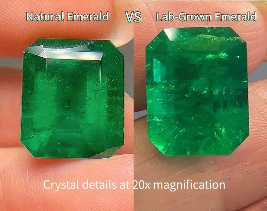 20x magnification comparing natural emerald inclusions with lab-grown crystal structures.