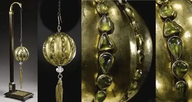 An ornate collection of Ottoman Empire jewelry featuring large peridot gems and gold filigree.