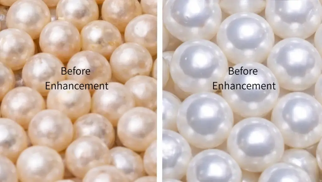 Comparison of dull, raw pearls and professionally bleached, brightened pearls.