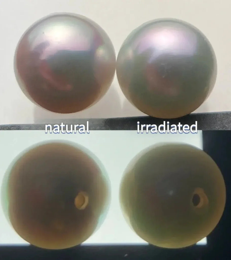 Comparing drill hole appearance in natural gray pearls versus irradiated nuclei from Pearl Color Treatment.