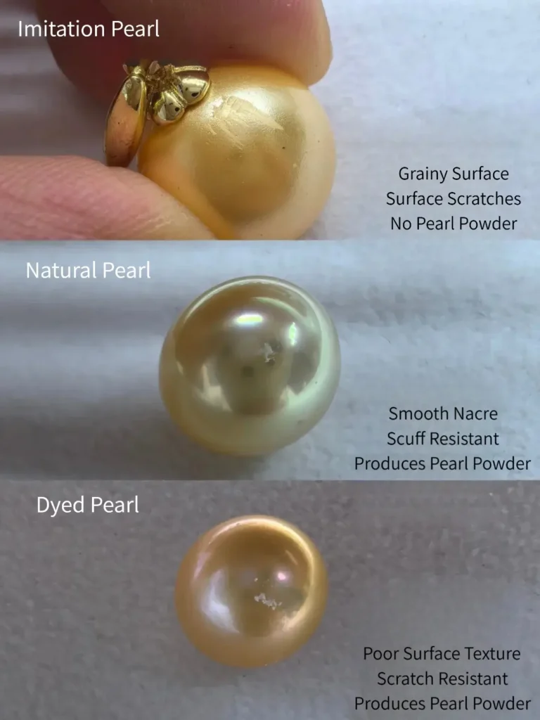 Comparison of surface textures between natural, dyed, and imitation pearls under magnification.