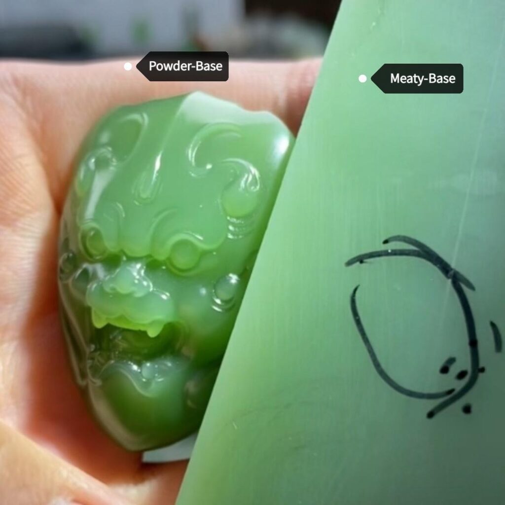 Side-by-side comparison of Powder-Base and Meaty-Base Green Nephrite.