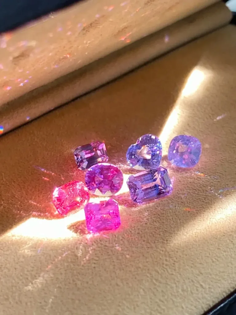 A group of faceted purple-tinted aquamarines, showing high gemstone hardness and brilliant fire under bright light.