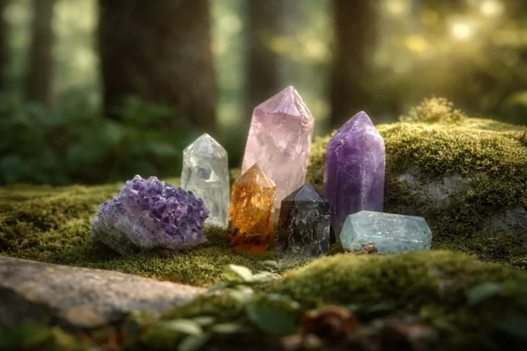Amethyst, Clear Quartz, and Citrine clusters displayed on natural moss, showcasing the diversity of quartz crystals types.