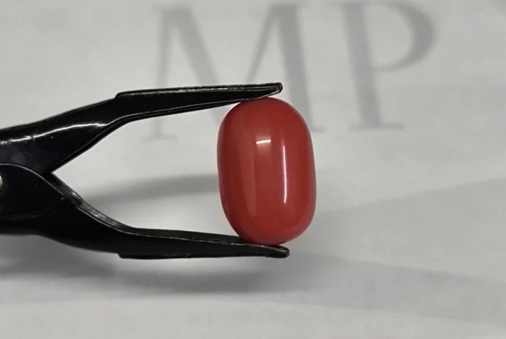 A polished, vibrant red glass bead mimicking the appearance of precious red coral.