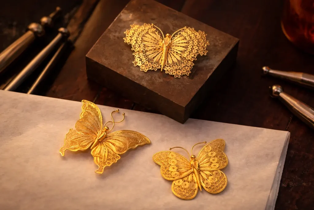 Three butterflies of Chinese Filigree & Inlay Jewelry with intricate woven gold wings.