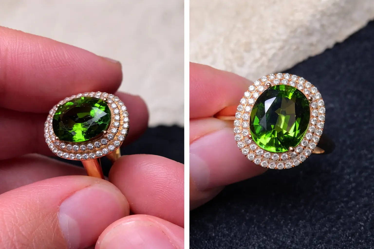 Comparison of a pristine tourmaline ring versus one with surface scratches after one year of wear.