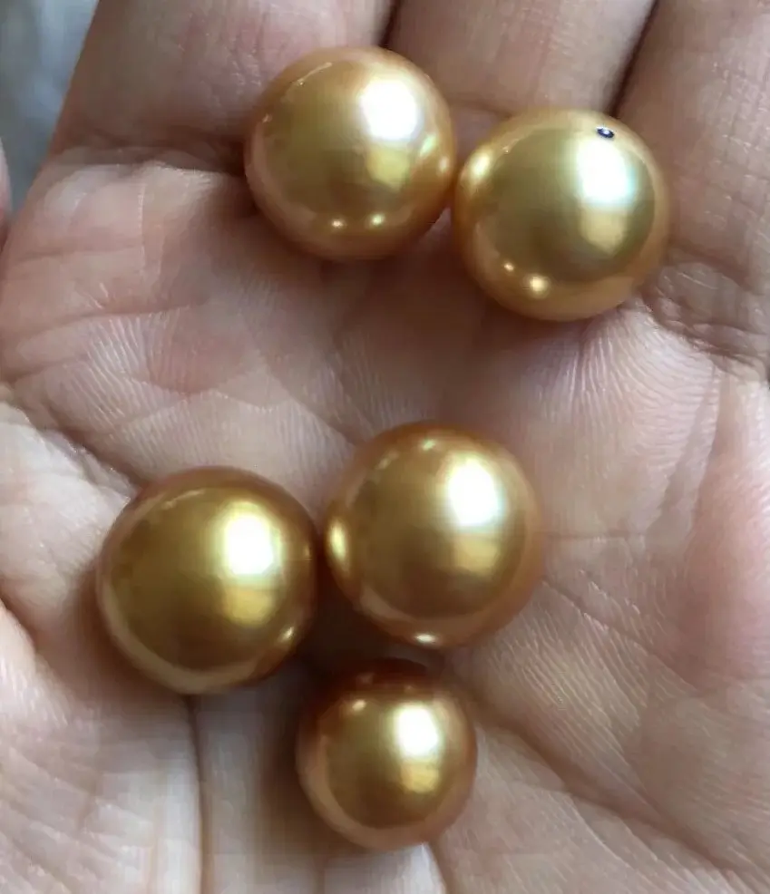 Five artificially treated gold-colored pearls held in an open human palm.