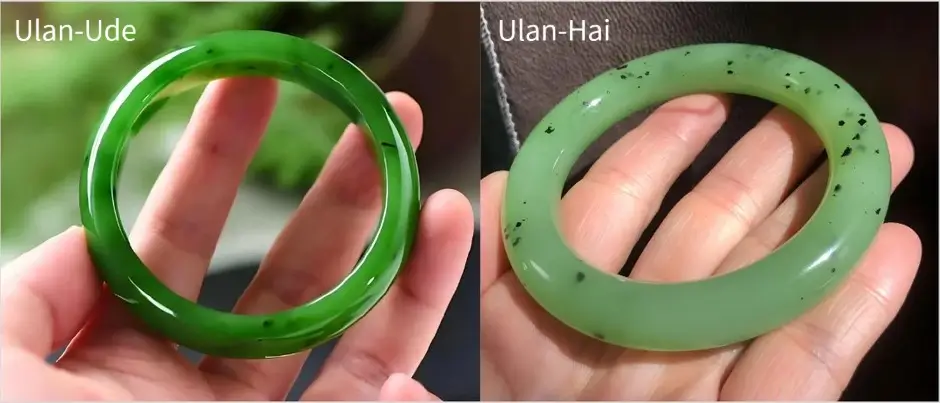 Side-by-side comparison of Ulan-Hai and Ulan-Ude green nephrite bangles.