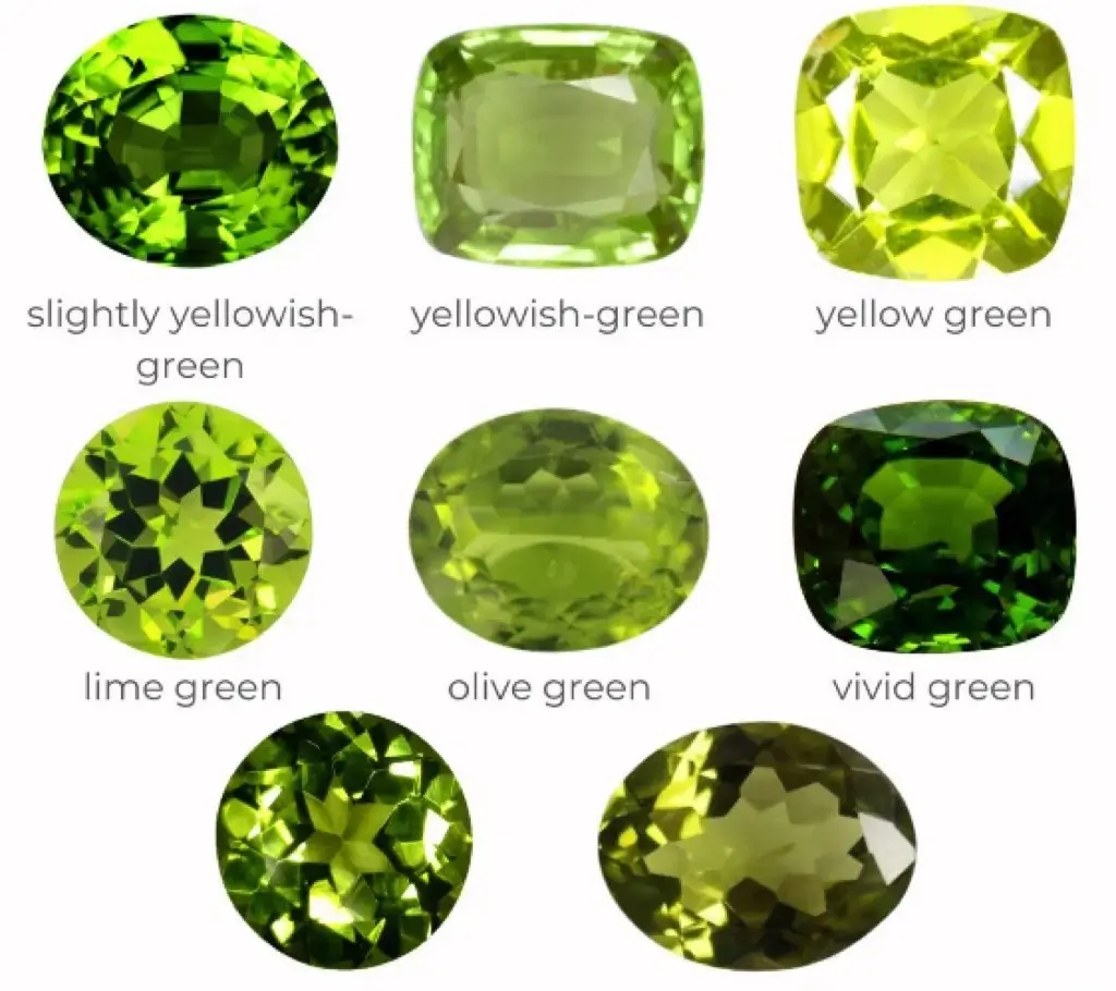 A comparison chart showing a range of peridot gemstones in intense yellow-green and golden green shades.