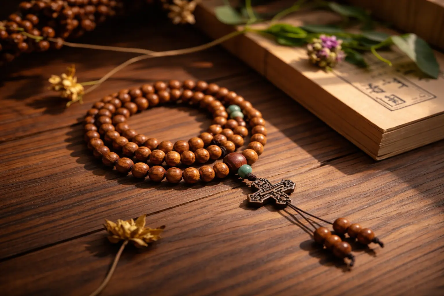 A complete gemstone Mala strand resting on warm-toned wooden flooring.