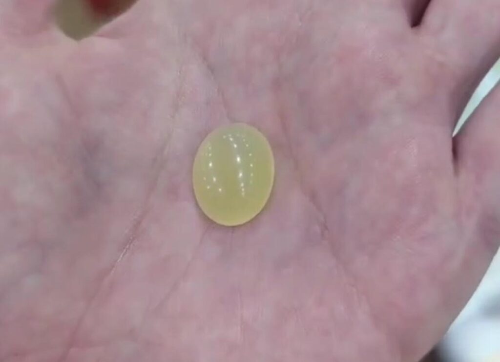 Small Icy-Yellow Xiuyan Jade cabochon held in a palm, with high clarity and oily luster.