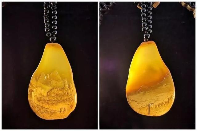 Yellow Wax Stone carving titled "Misty Rain in Jiangnan," featuring traditional Chinese landscape motifs.