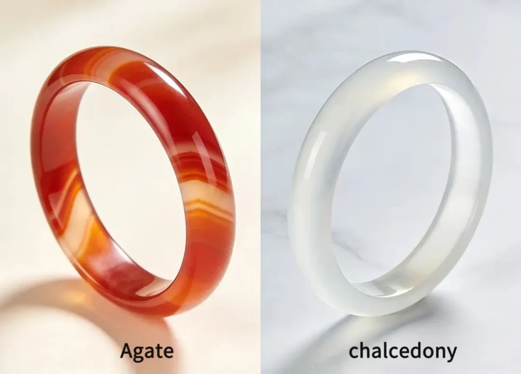 Comparison of an agate bangle with distinct banding and a solid, uniform chalcedony bangle.