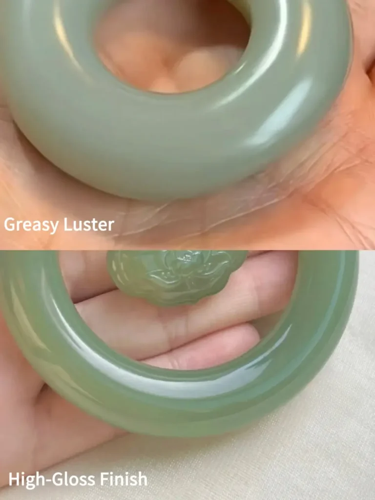Comparative view of Hetian Jade Oiliness: top exhibits greasy luster, bottom shows high-gloss polish.
