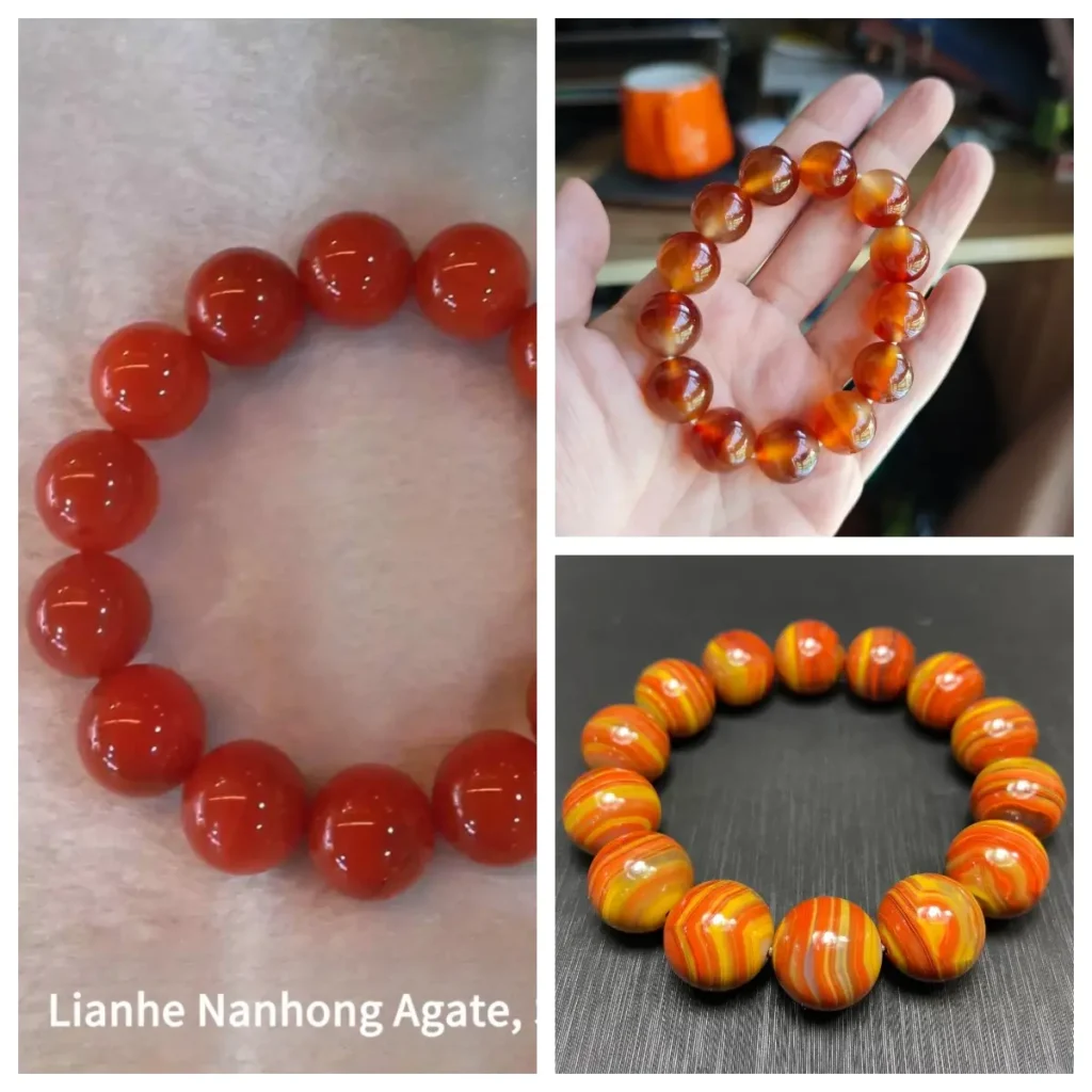 Comparison of Nanhong, Zhan-Guo Red, and Beihong agate bead bracelets side-by-side.