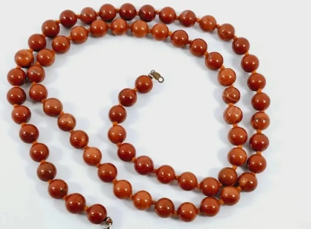 Dark maroon Red Jasper bead necklace with a 14k gold-filled clasp.