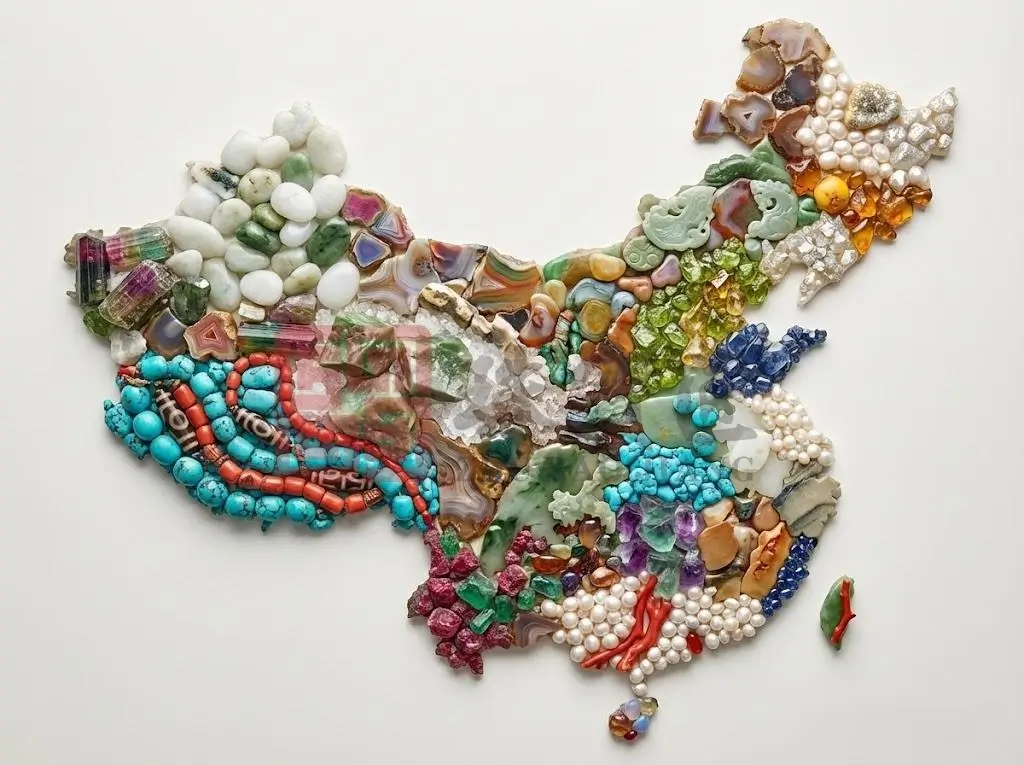 Map of China composed of regional gemstones, featuring Fuxin Agate and Xinjiang Hetian Jade.