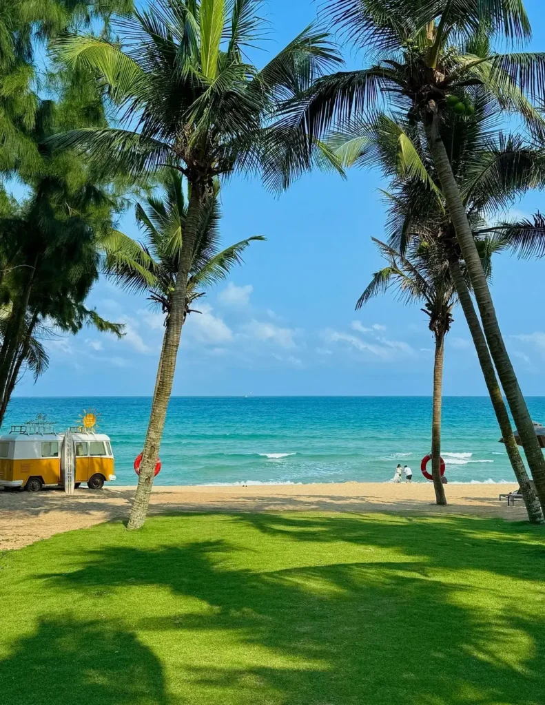 Sunny coastline in Hainan with blue sky, ocean waves, palm trees, and green grass.
