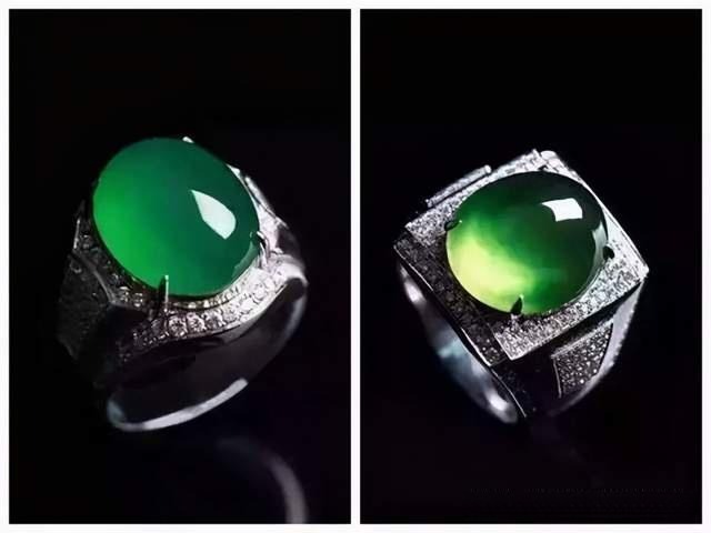 A side-by-side comparison of a Jadeite ring (left) and a Vesuvianite Jade ring (right).
