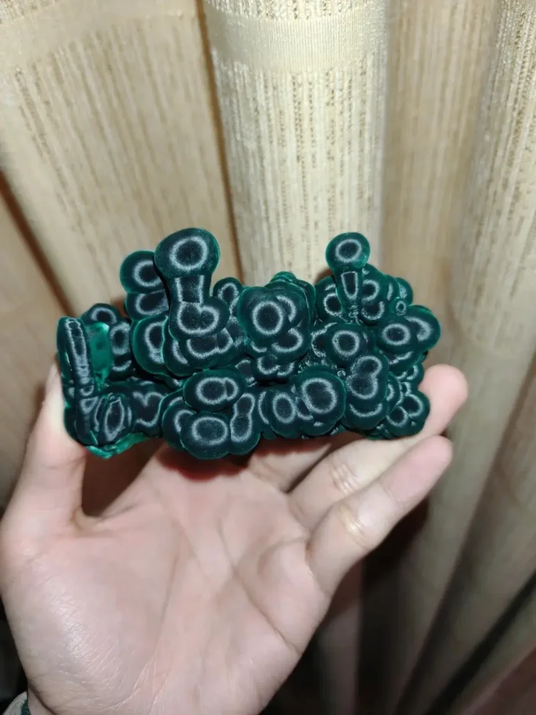 Hand-held Guangdong malachite specimen with natural green concentric bands and circular swirls.
