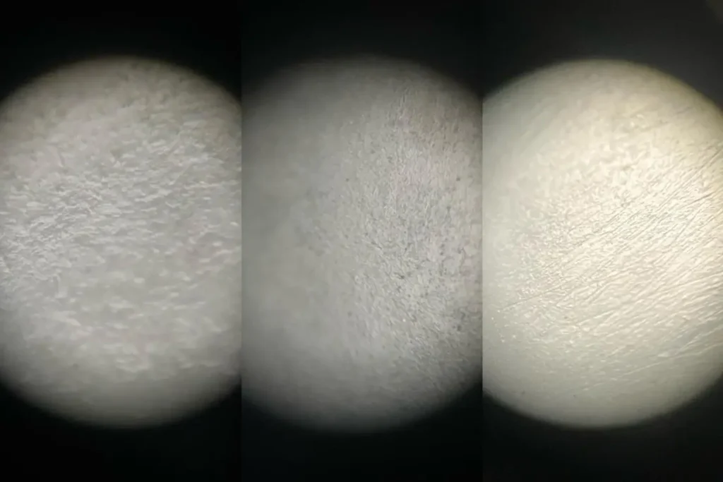 Microscopic views of average commercial polish, fine manual polish, and machine polish.
