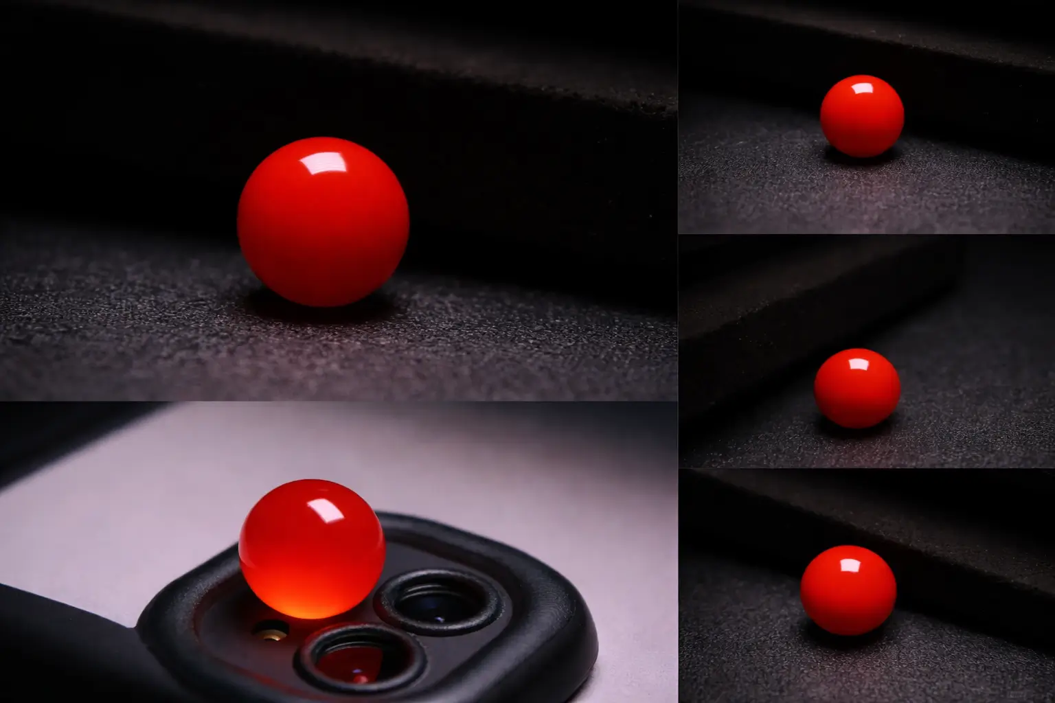 A single Nanhong agate bead shown from multiple angles, featuring waxy red texture