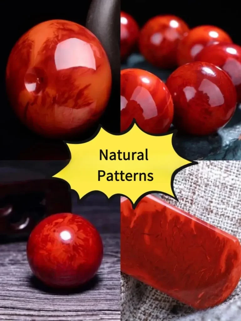 Close-up of Nanhong Agate beads showing vibrant flame-like patterns and natural banding.