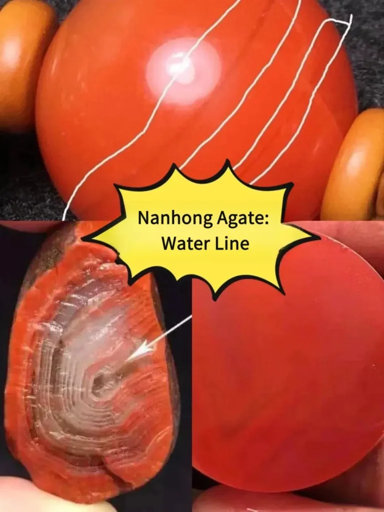 Natural Nanhong Agate bead with a translucent water line cutting through cinnabar dots.