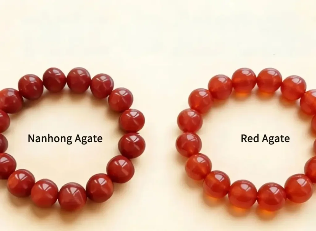 Comparison of Nanhong Agate and common red agate, showing differences in saturation and density.