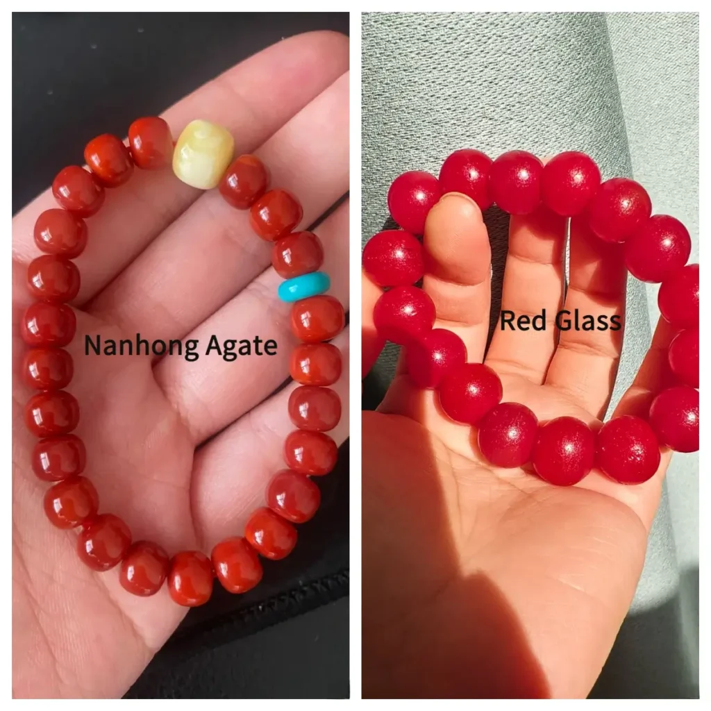 Comparison of 7mm Nanhong Agate and old red glass beads, showing waxy vs. vitreous luster.