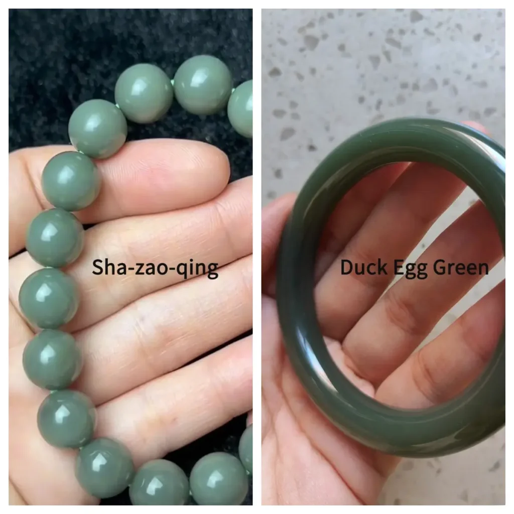 A comparison of two premium Nephrite Jade varieties: a Sha-zao-qing bead bracelet beside a Duck Egg Green bangle.