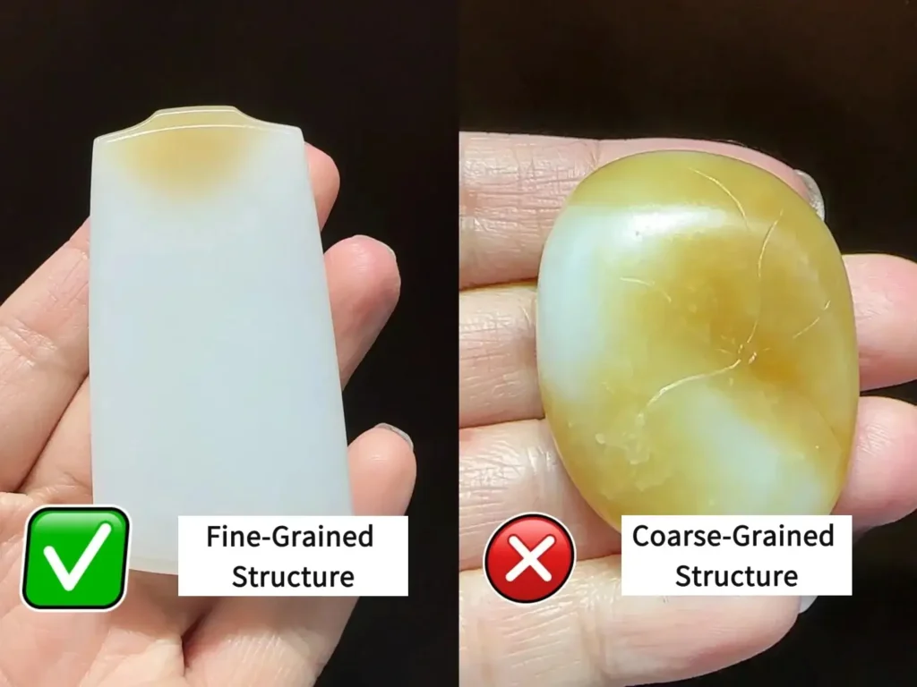 Close-up of fine-grained dense jade (left) and coarse, loose-grained seed material (right).