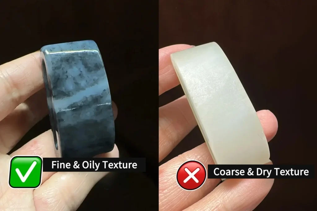 Close-up of oily black jade (left) and dry white jade (right) specimens.