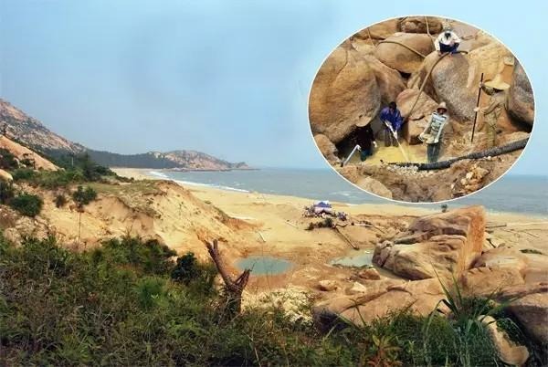 Open-pit mining site in Taishan, Guangdong, showing excavators and raw quartzite jade boulders.