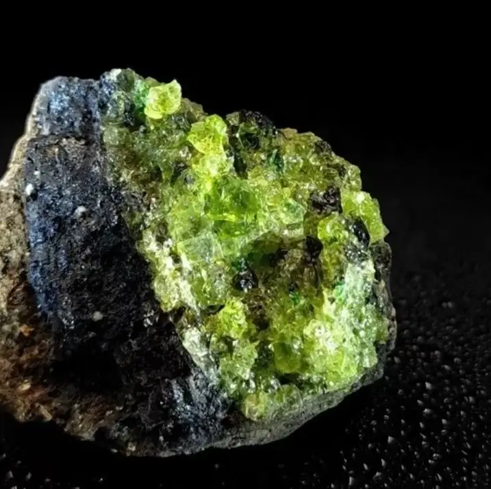 Natural yellow-green peridot crystals embedded within a dark basalt host rock specimen.