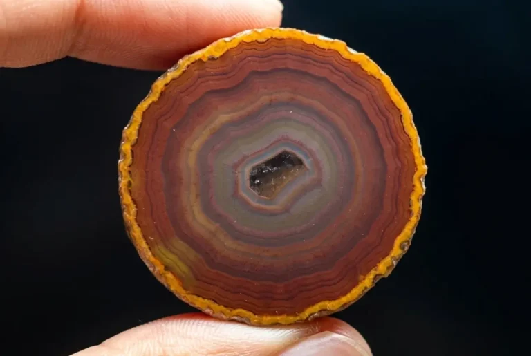 Close-up of a polished Xuanhua Zhan-Guo Red agate slice from Hebei, featuring concentric rings.