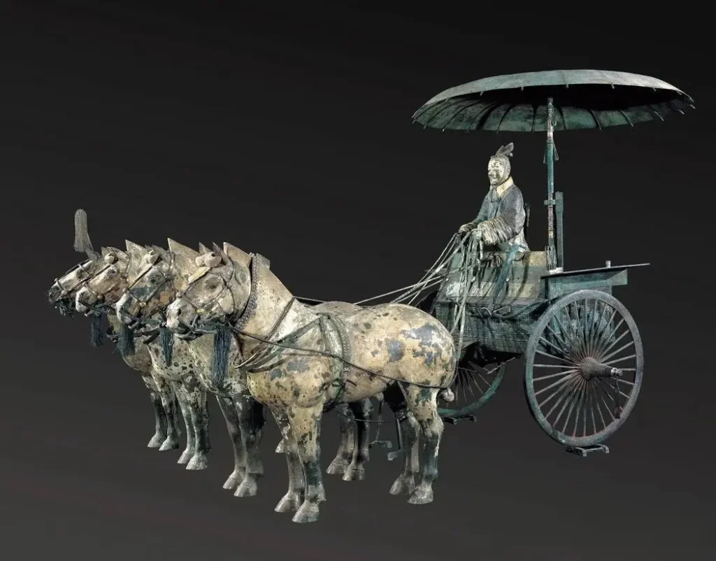 Detailed view of the Qin Bronze Chariot No. 1, a 1:2 scale masterpiece from the Qin Mausoleum.