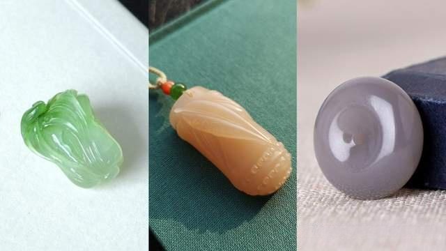 Comparison of bicolor green, powder pink, and smoky purple nephrite jade specimens in various shapes.