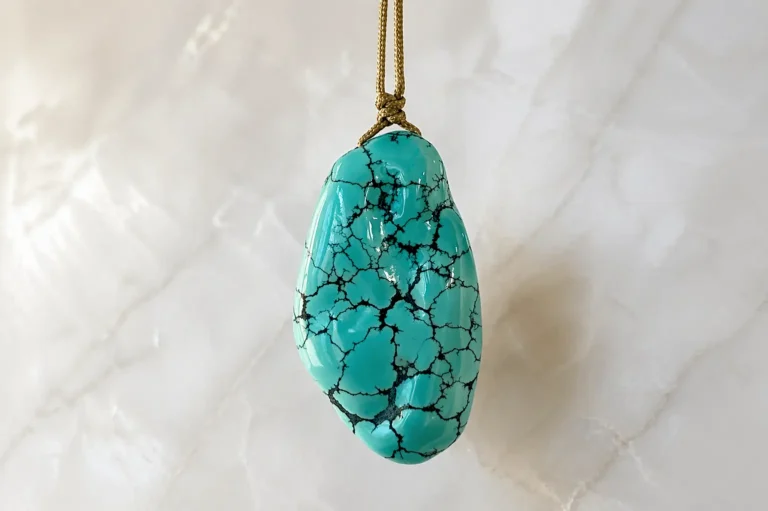 A natural turquoise pendant suspended from a simple adjustable cord necklace.