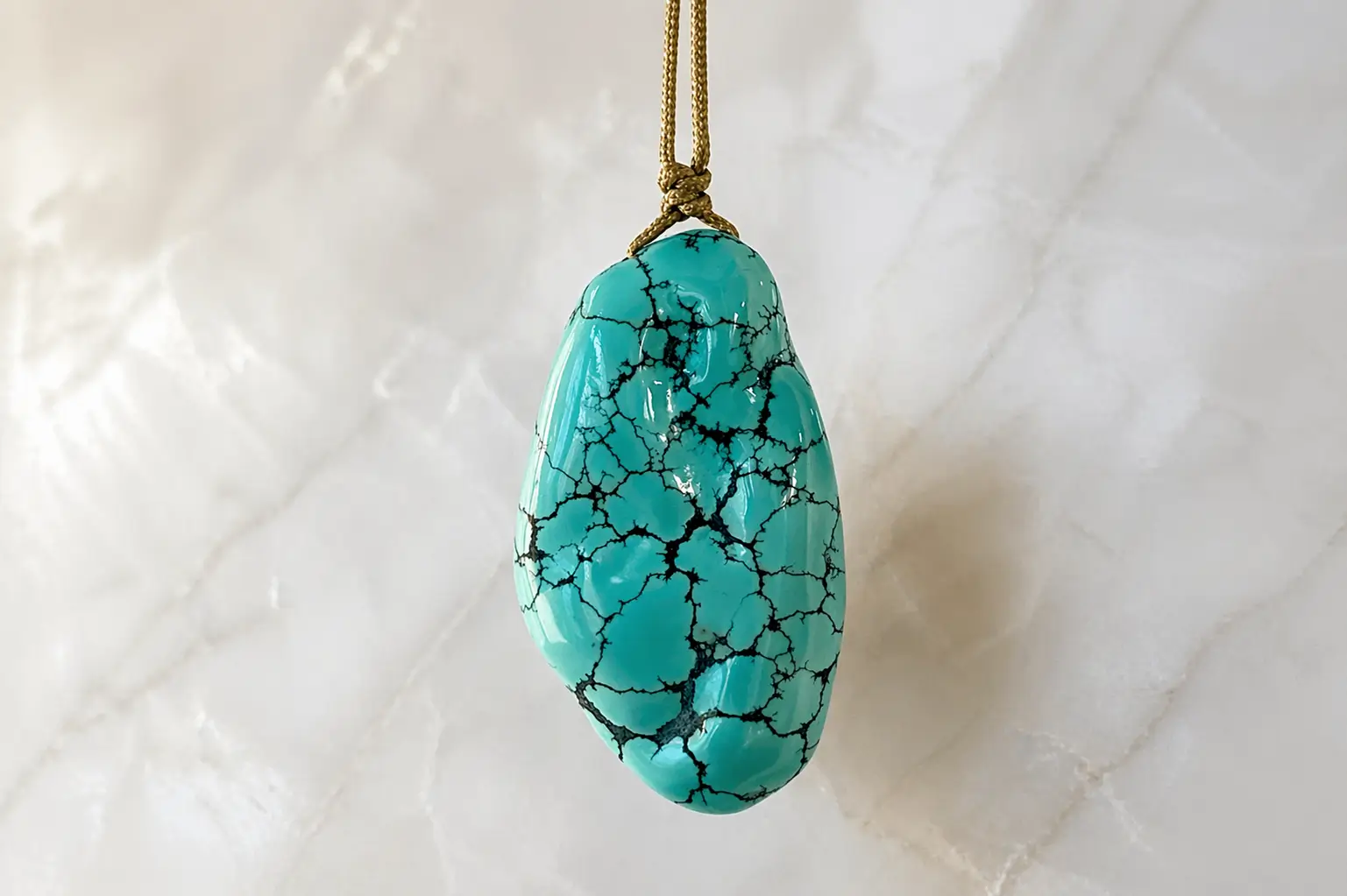 A natural turquoise pendant suspended from a simple adjustable cord necklace.