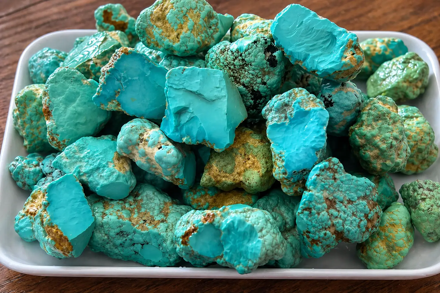 A large pile of raw, unpolished Hubei turquoise rough stones showing natural blue and green hues.