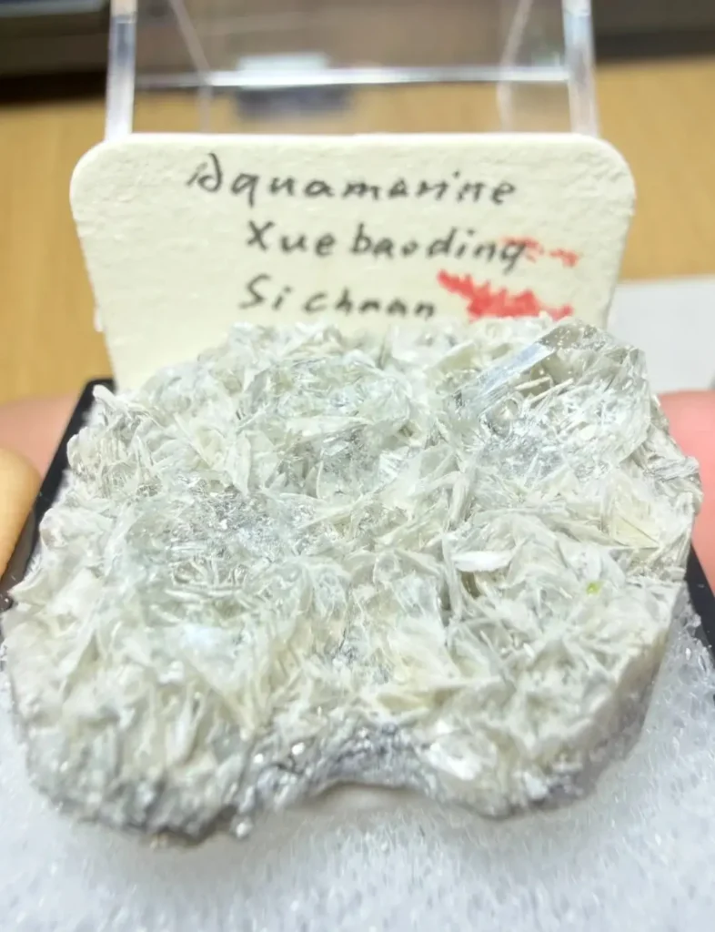 Transparent blue aquamarine crystals growing on a matrix of silvery muscovite flakes.