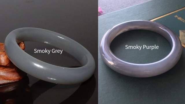 Comparison of a cyan-grey smoky jade bangle (left) and a violet-tinted smoky purple bangle (right).