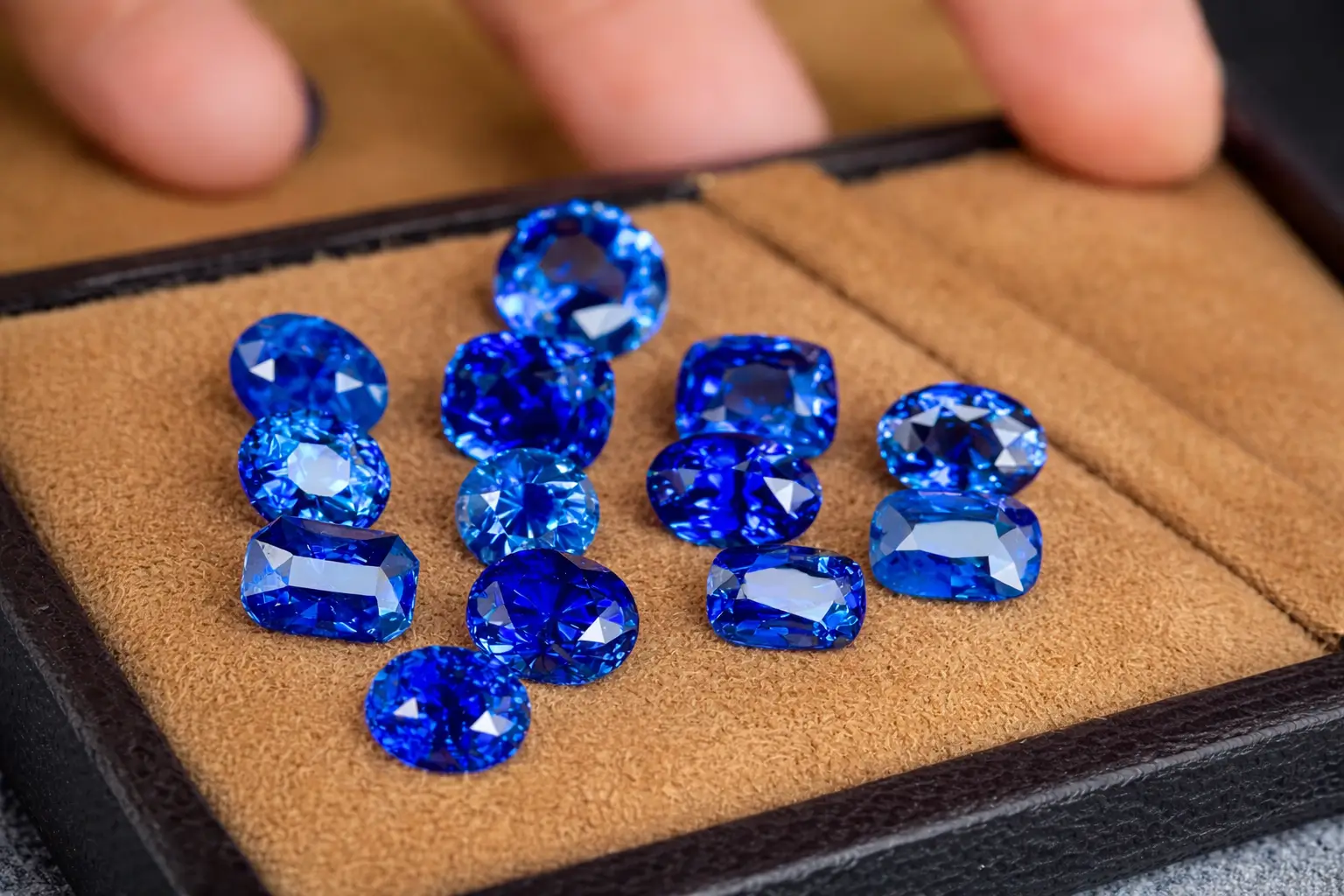 Faceted loose Sri Lankan sapphire gemstones in a variety of vibrant blue hues.