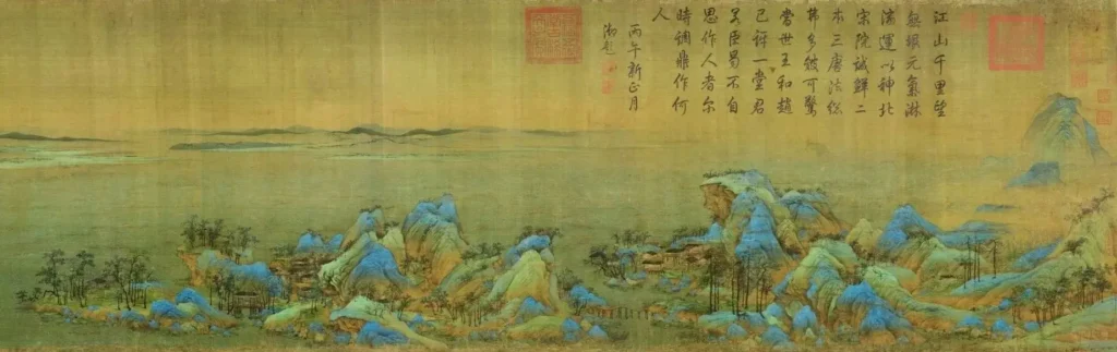 Full panoramic silk scroll of A Thousand Li of Rivers and Mountains with vibrant mineral green peaks.