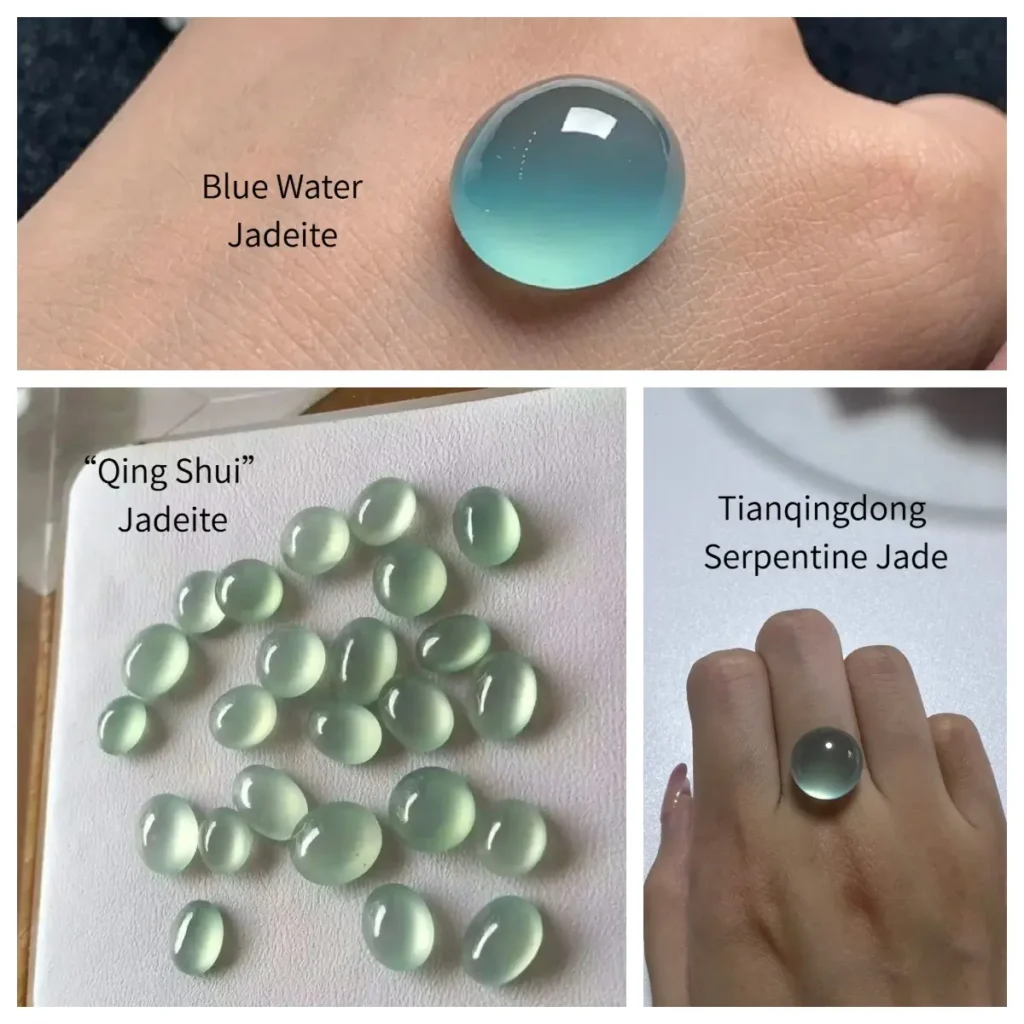 Side-by-side cabochons of Tianqingdong, Qing Shui jadeite, and Blue Water jadeite for comparison.