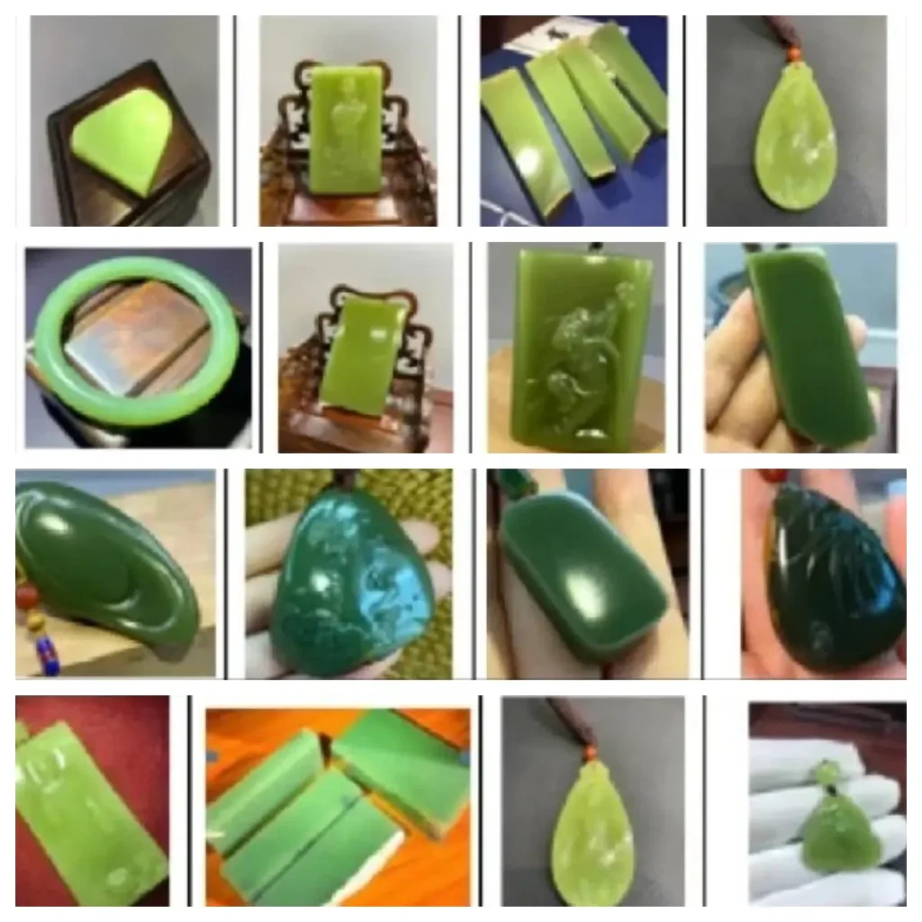 A collection of Ximu Jade jewelry showing various shades from light to deep yellow-green.