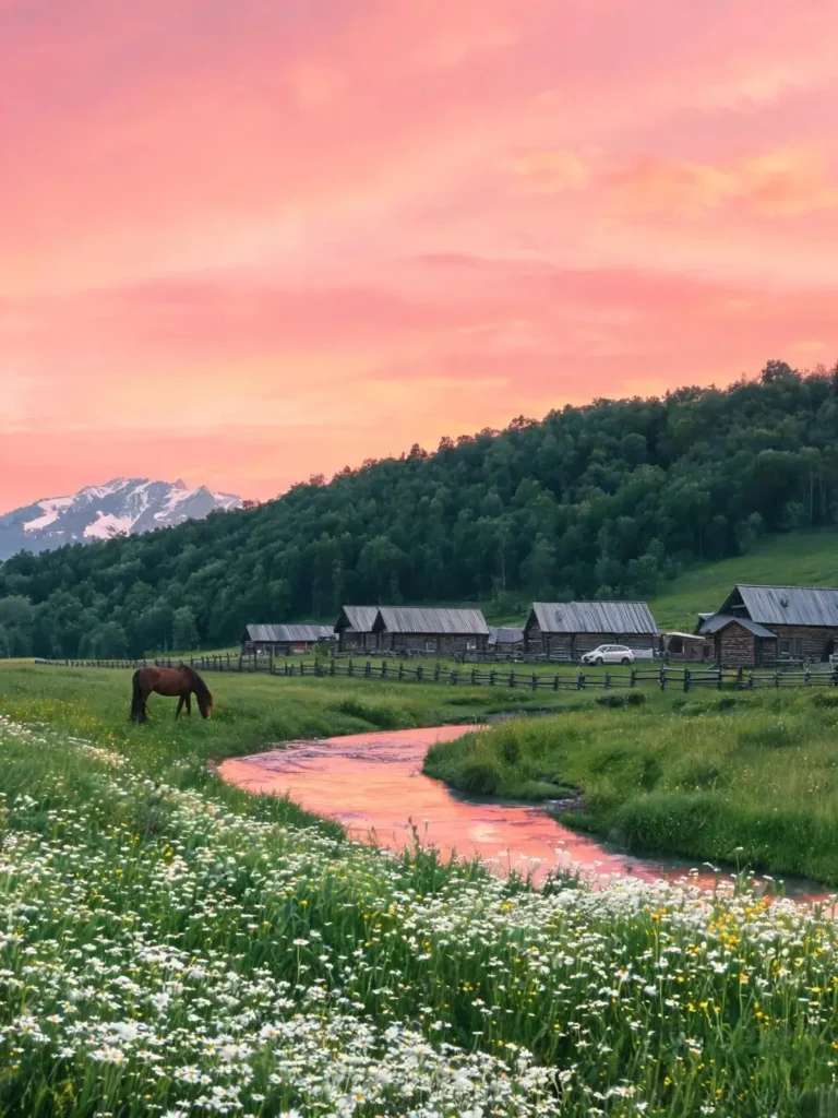 Pink sunset reflecting in winding stream with horse and wildflowers in Xinjiang Altai.